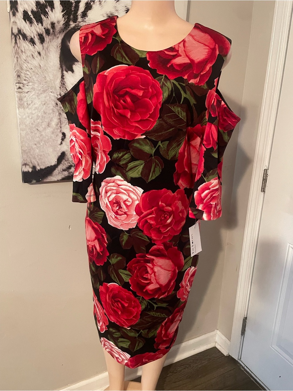 Enfocus Studios Rose Floral career Dress sheath cocktail cut out shoulder sz 14
